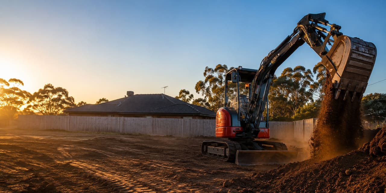 A suburban backyard stripped of grass and debris, graded flat, with an excavator arm resting at the edge of the cleared ground.
