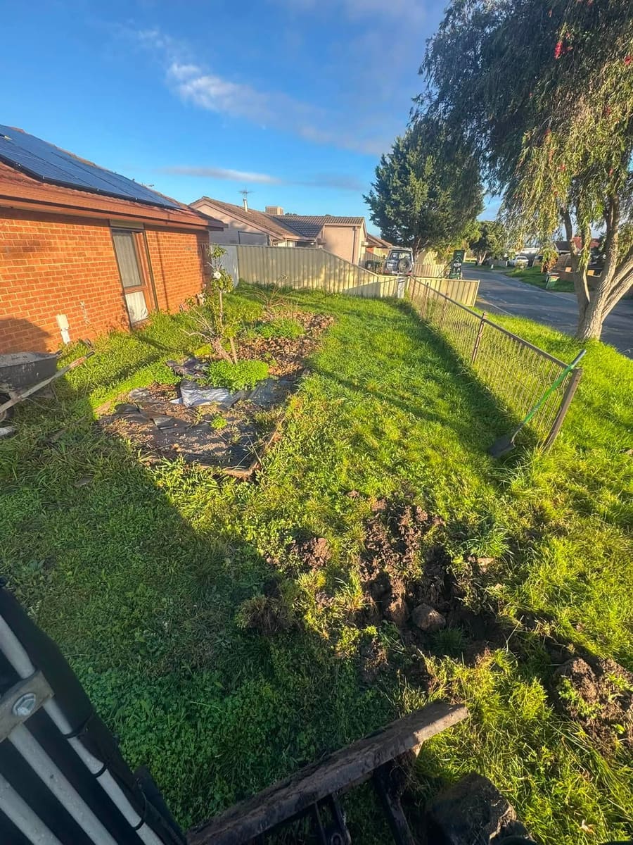 Before: a side yard beside a brick house, overgrown with long grass and scattered with rubble and old timber.